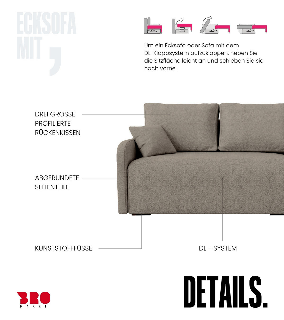 ECKSOFA Malen mit Schlaffunktion Braun Bouclé - Graubraun, Textil (215/141cm) - Bromarkt