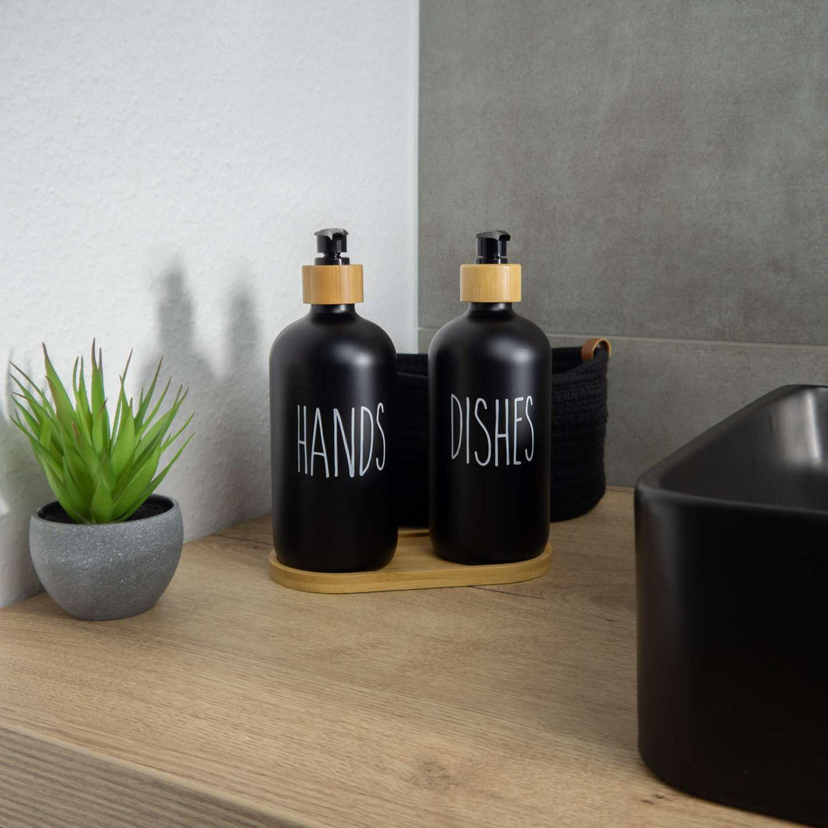 SEIFENSPENDER SET 500ml mit Tablett (3-tlg.) - Schwarz, Glas (8.8/20.6/17.4cm) - Intirilife