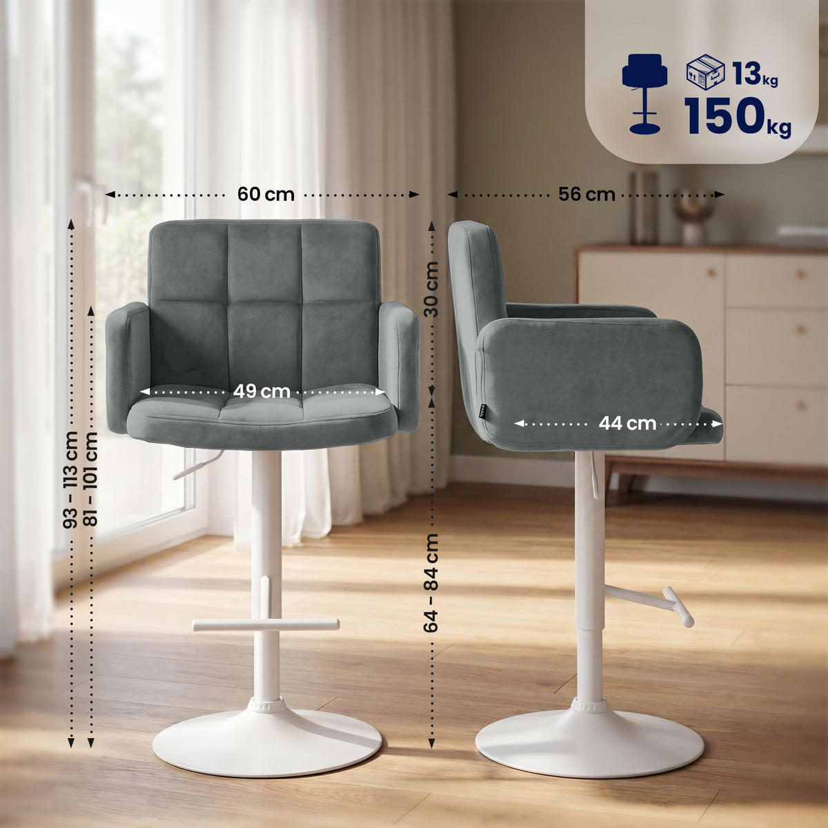 BARHOCKER 2 Samt Grau - Weiß/Grau, Textil/Metall (60/93/56cm) - CLP