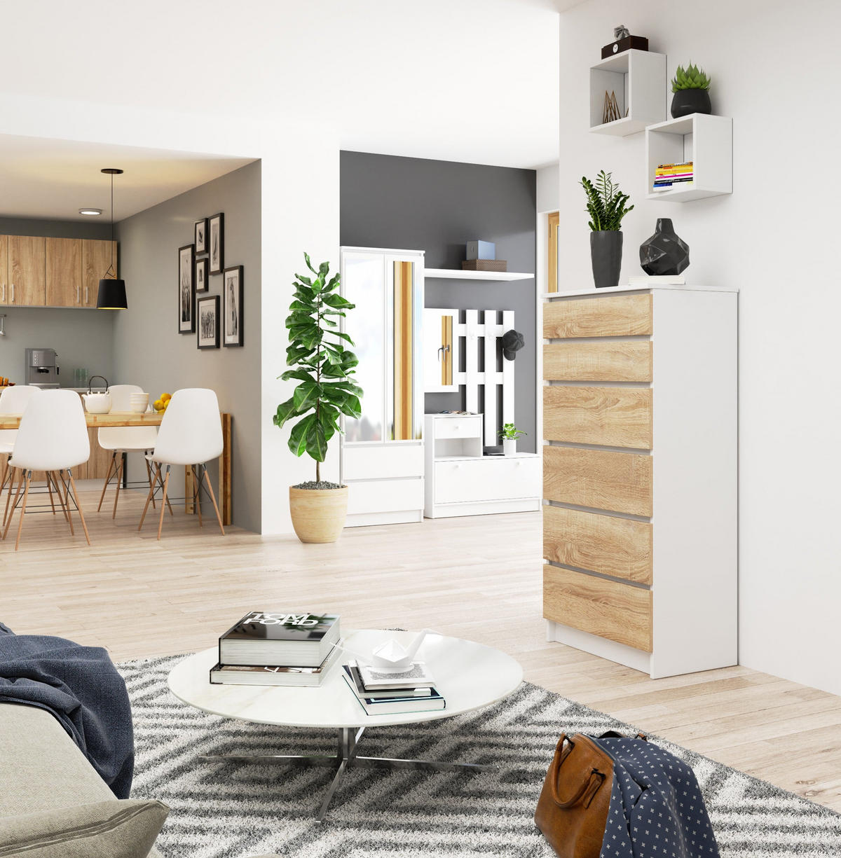 KOMMODE K60 6 Schubladen, 60x40x130 cm, Weiß-Sonoma - Weiß/Sonoma Eiche, Holz (60/130/40cm) - Milordbikes