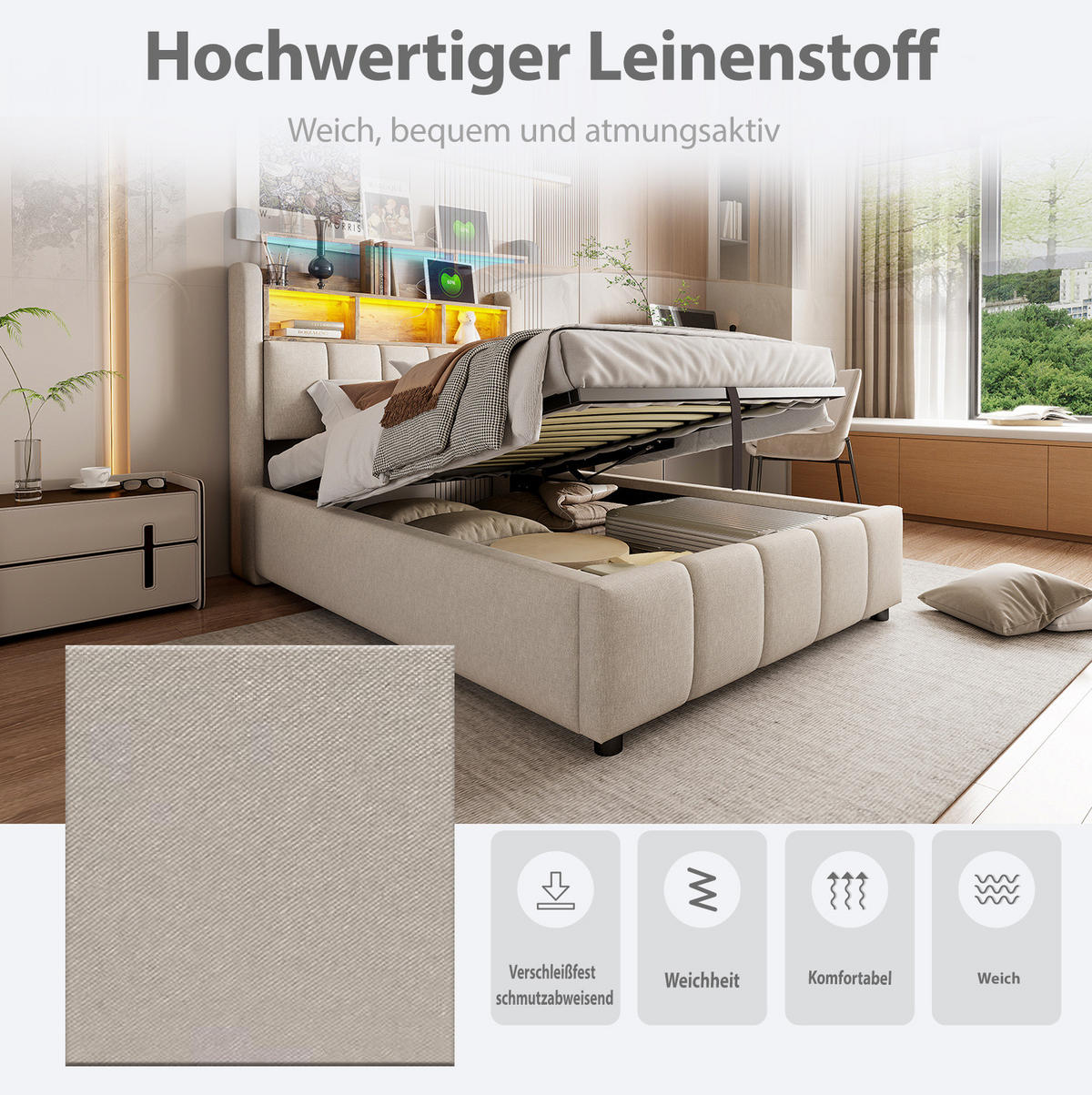 POLSTERBETT 90/200 cm Beige aus Leinenstoff mit LED-Beleuchtung und Stauraum - Beige, Textil (90/200cm) - OKMYHOME