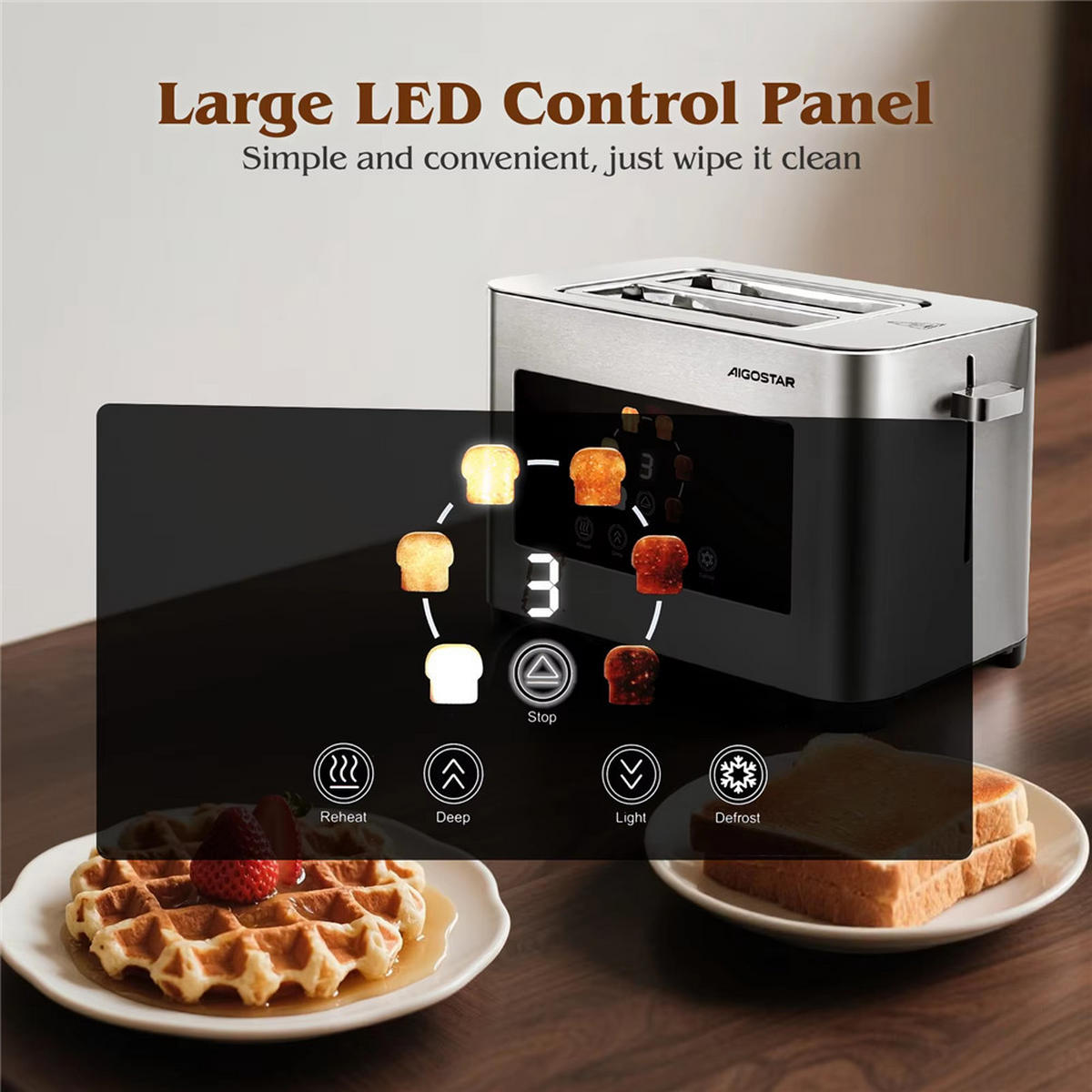 TOASTER 2 Scheiben LED Touch 6 Stufen Edelstahl 850W - Silberfarben, Metall (26/18.2/16cm) - Kaket