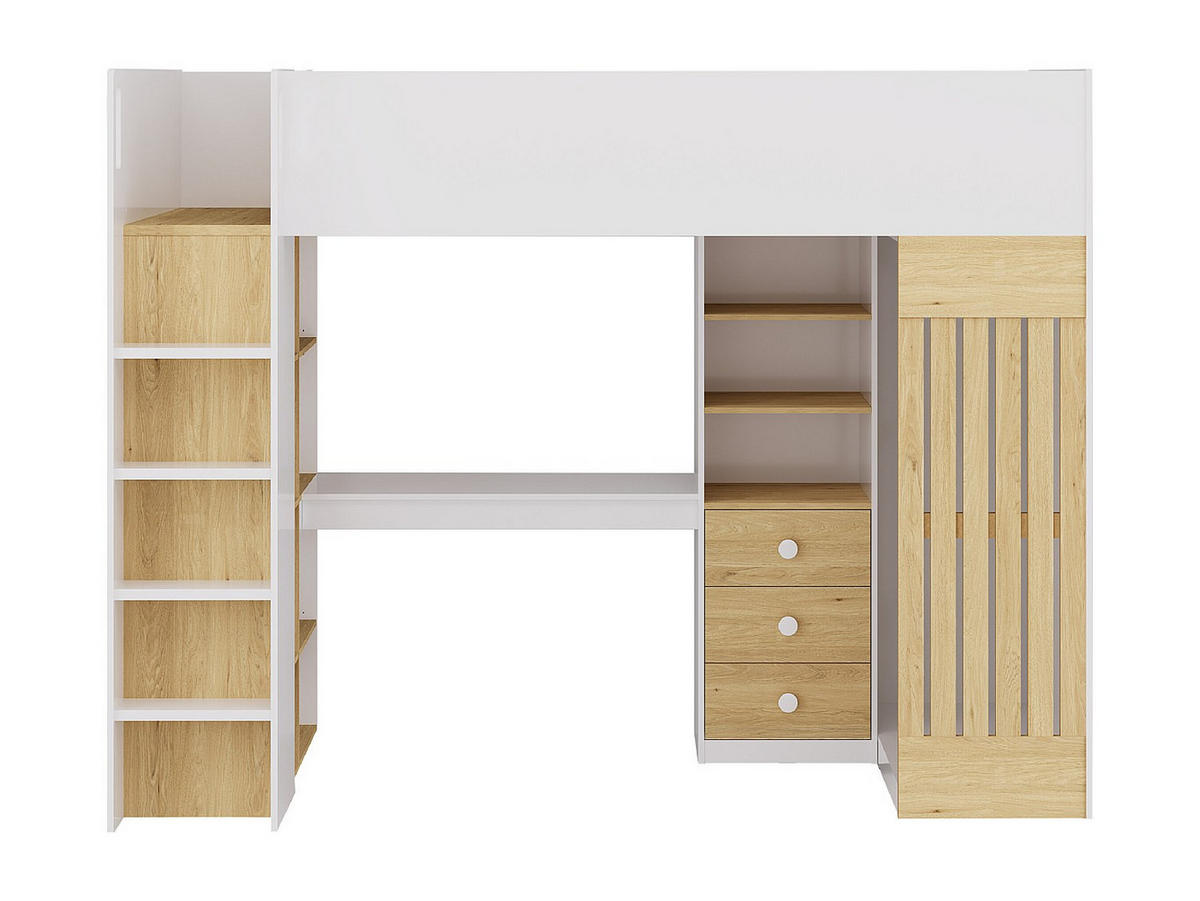 HOCHBETT mit Schreibtisch & Kleiderstange + Matratze - 90 x 190 cm - Weiß & Holzfarben - LORINTI - Naturfarben, Holz (108.5/235cm) - Vente-Unique