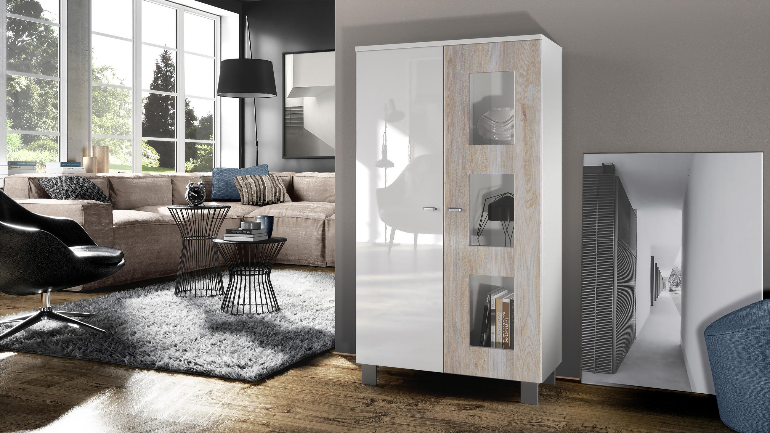 VITRINE Denjo Tür in Eiche Nordic - Silbereichenfarben, Holzwerkstoff (71/129/35cm) - Vladon