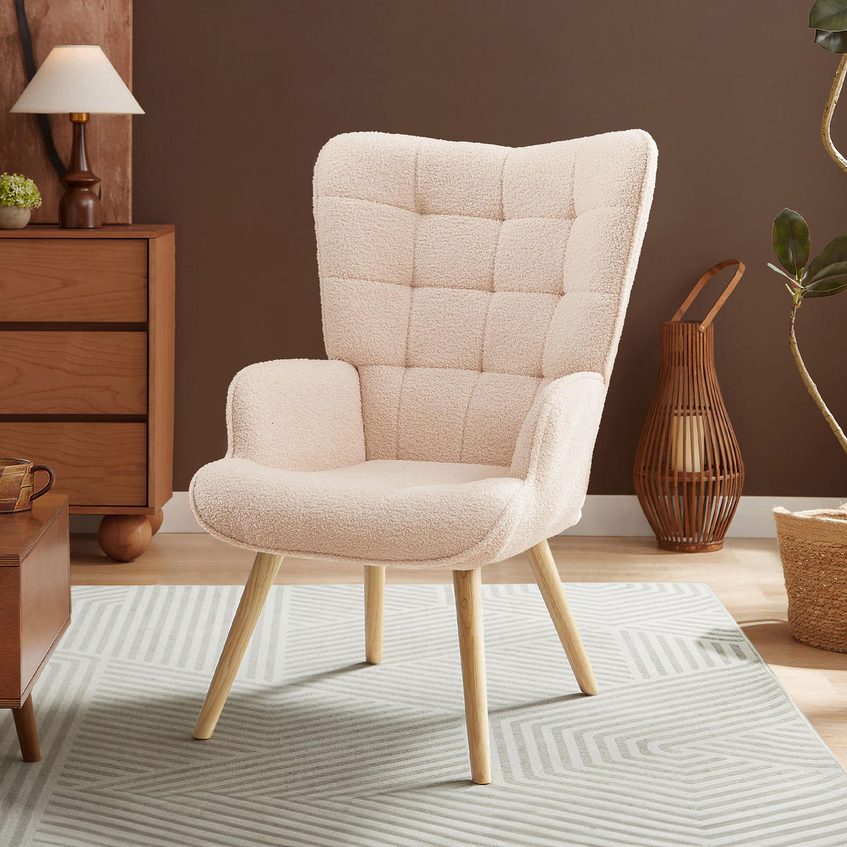SESSEL Stella Skandinavischer aus beigem Frottee mit Nähten - Beige/Akaziefarben, Holz/Holzwerkstoff (67/102/73.5cm) - Sicaan