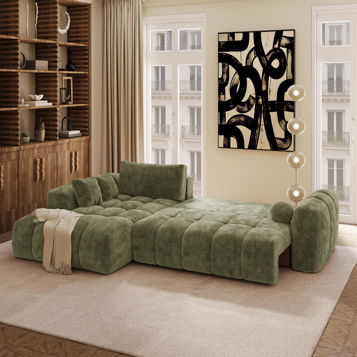 LINKSECK-SCHLAFSOFA mit Stauraum SKY Geprägter Samt Vintage-Grün 310cm - Dunkelgrün/Grün, Textil (310/180cm) - Premium Interiors