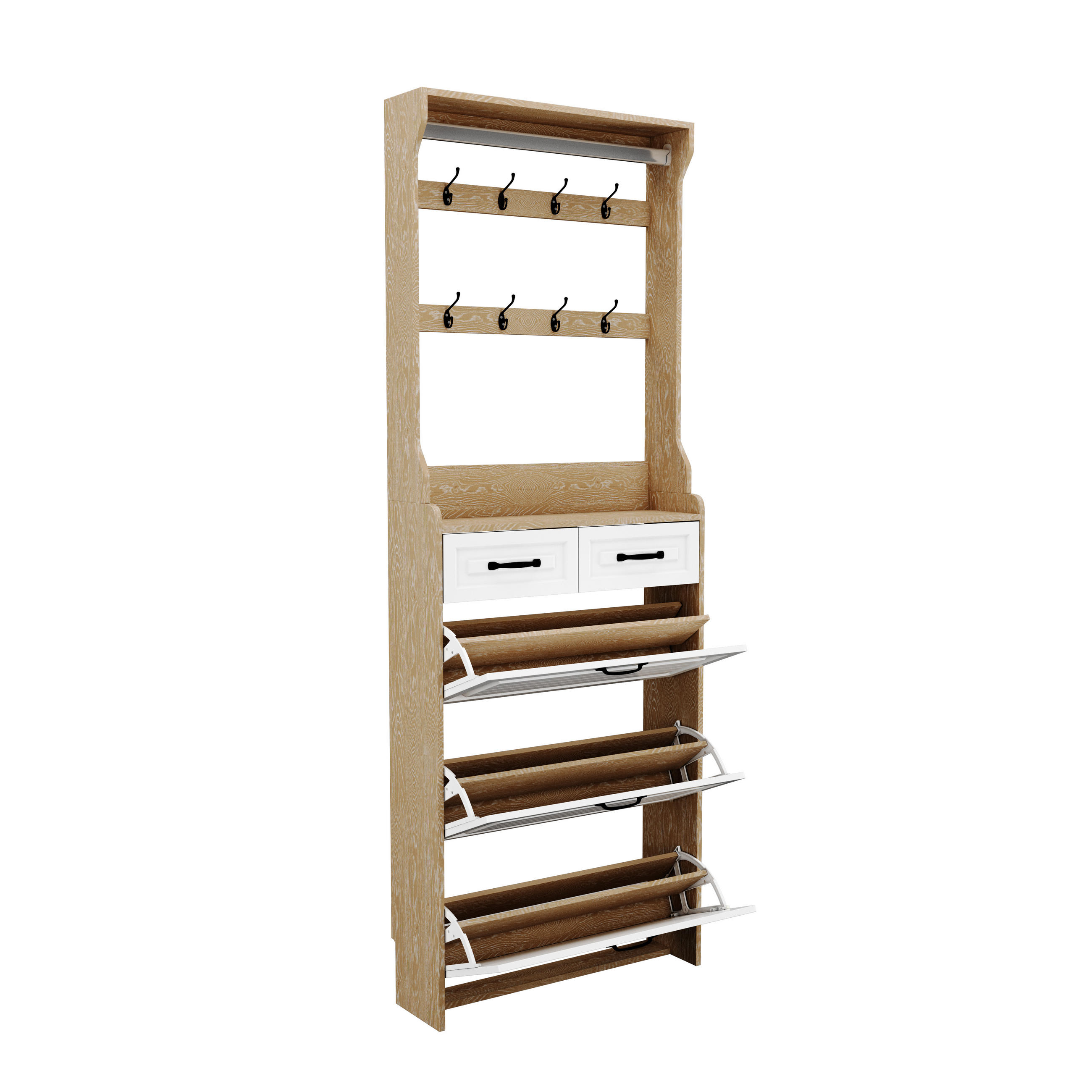 SCHUHSCHRANK 80/23/220 cm weiß/Eiche aus Holzwerkstoff mit 3 Klappen und 2 Schubladen - Weiß, Holzwerkstoff (80/220/23.5cm) - OKWISH