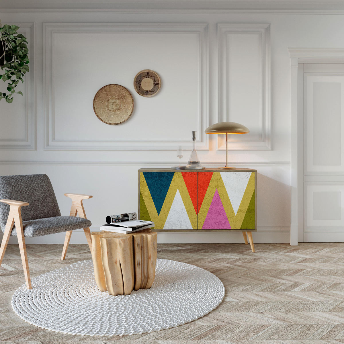 SIDEBOARD COLORFUL TRIANGLES, Eicheneffekt, 111x42x77,5 cm, 2 Türen - Eichefarben/Buchefarben, Holzwerkstoff/Buchenholz (111/77.5/42cm) - SpaceRebels