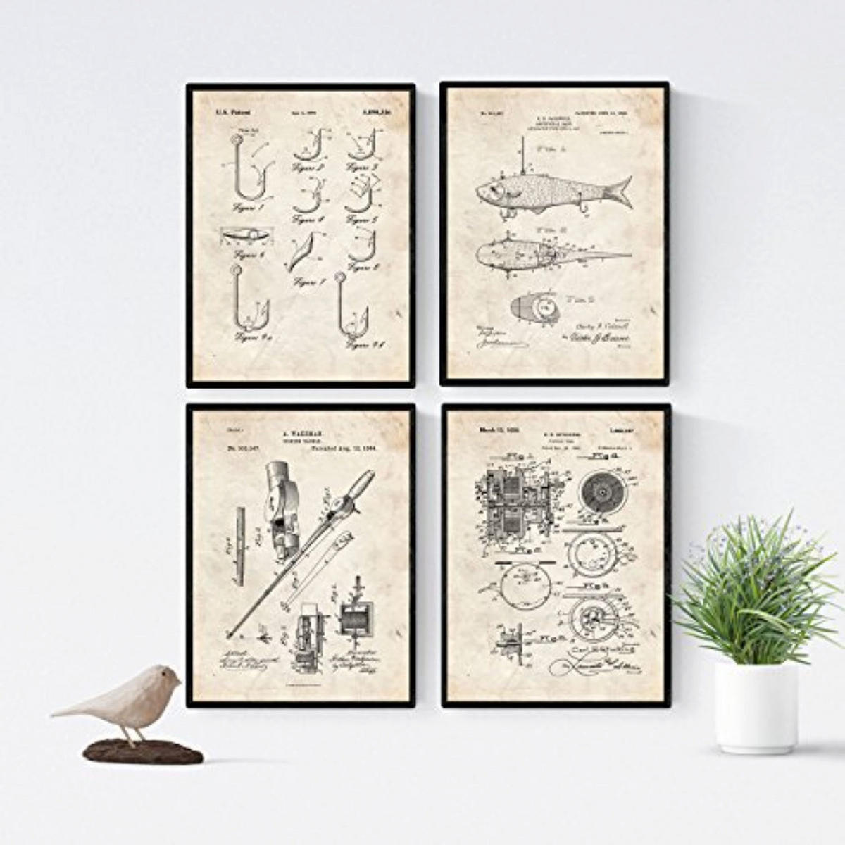 POSTER Set mit 4 Angelrute Patent Vintage Größe A4 Rahmenlos - Klar, Papier (21/1/29.7cm) - Nacnic