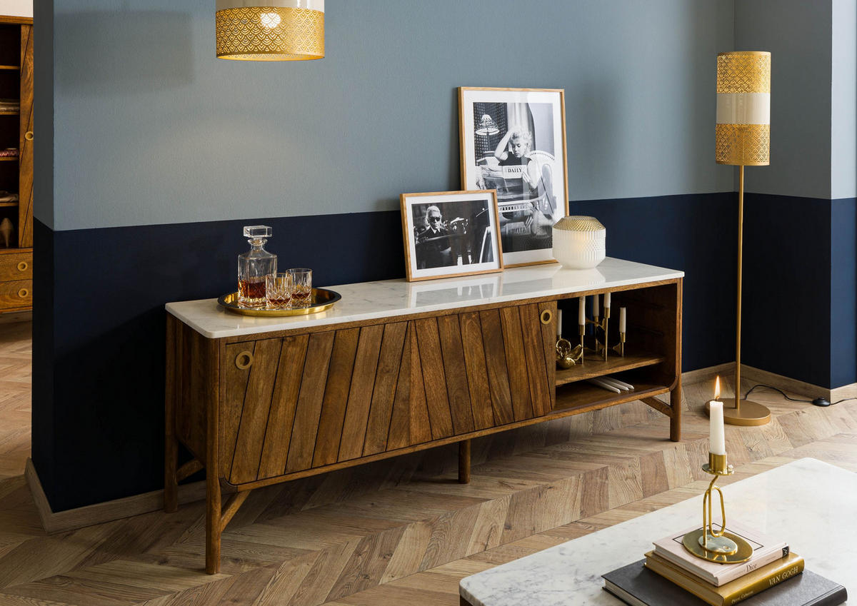 SIDEBOARD Mango 185x45x65 braun geölt / echter Marmor LOS ANGELES #06 - Braun, Holz (185/65/45cm) - Massivmoebel24