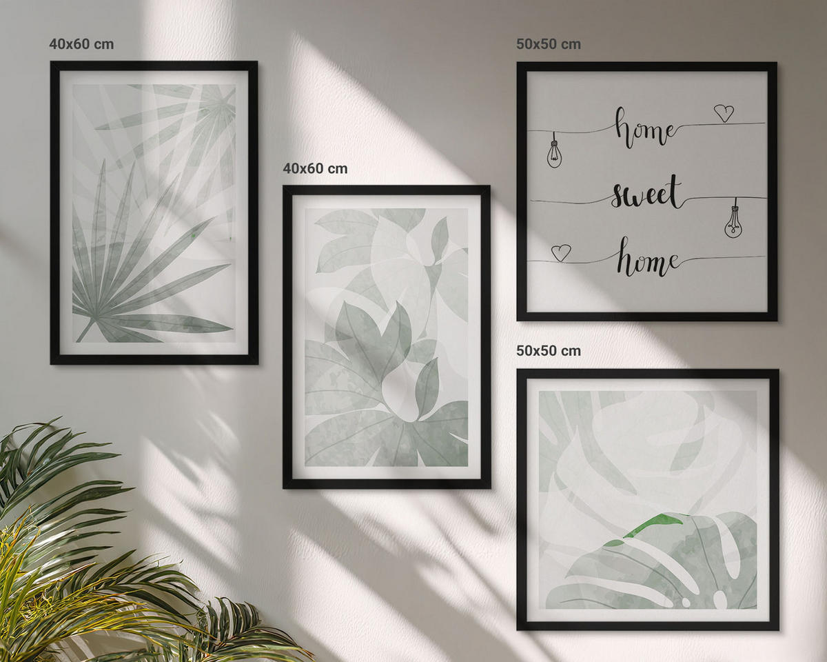 WANDBILDER 4er-Set - 50x50 cm & 40x60 cm Schwarzer Rahmen - Die Blätter der Pflanzen sind grünlich-grau. - Schwarz, Kunststoff (50/50cm) - ArtPrintCave