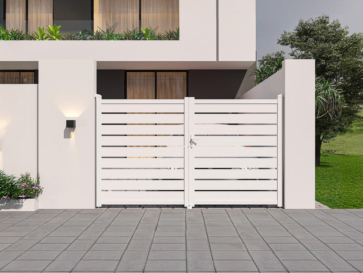 FLÜGELTOR - 300cm x 4.6cm - Aluminium - weiß - PRIMO - Weiß, Metall (300/178cm) - Vente-Unique