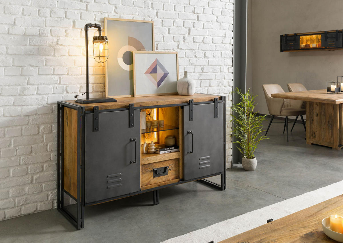 SIDEBOARD Mango / Altholz 150x45x90 natur / grau lackiert / Metall grau BLACKBURN LUX #411 - Braun, Holz (150/90/45cm) - Massivmoebel24