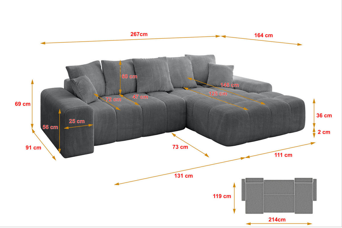 ECKSOFA Ottomane Rechts ENSI-L - 267x164x69 cm Dunkelgrau - Dunkelgrau, Holzwerkstoff/Kunststoff (164/267cm) - ALTDECOR