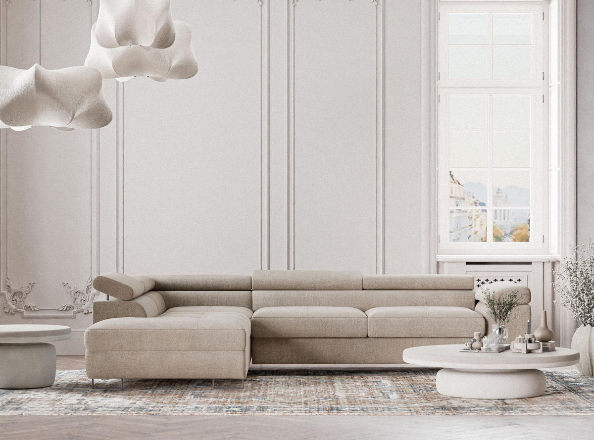 ECKSOFA Concord Beige Chenille-Stoff - Links Seite - Beige/Schwarz, Holz/Holzwerkstoff (203/277cm) - Maison de Reve