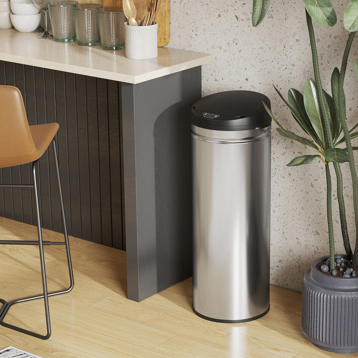 MÜLLEIMER 50L 30,5/30,5/85 cm Edelstahl Silber Automatik Küche - Silberfarben, Metall (30.5/85/30.5cm) - Rolipo