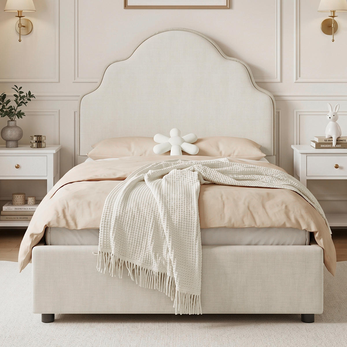 POLSTERBETT 90/200 cm in Beige mit gepolstertem Kopfteil und Bettgestell aus Leinen - Beige, Holzwerkstoff/Textil - STILVORA