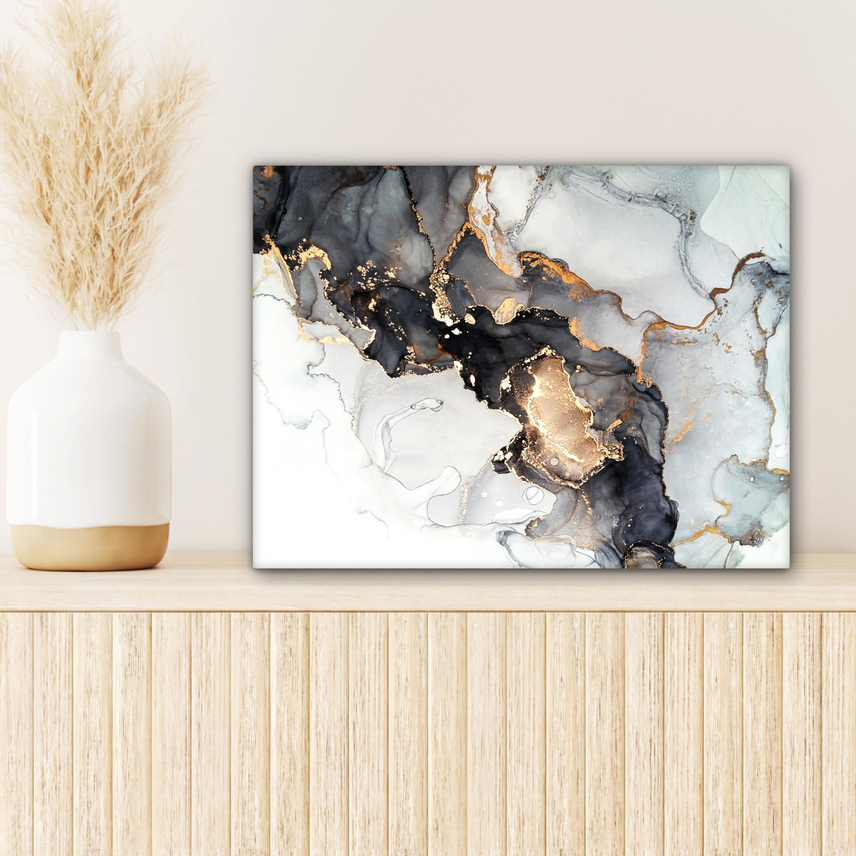 LEINWANDBILD Marmor - Schwarz - Weiß - Gold - Luxus - Abstrakt Wandbild 40x30 cm - Goldfarben, Textil (40/30cm) - MuchoWow
