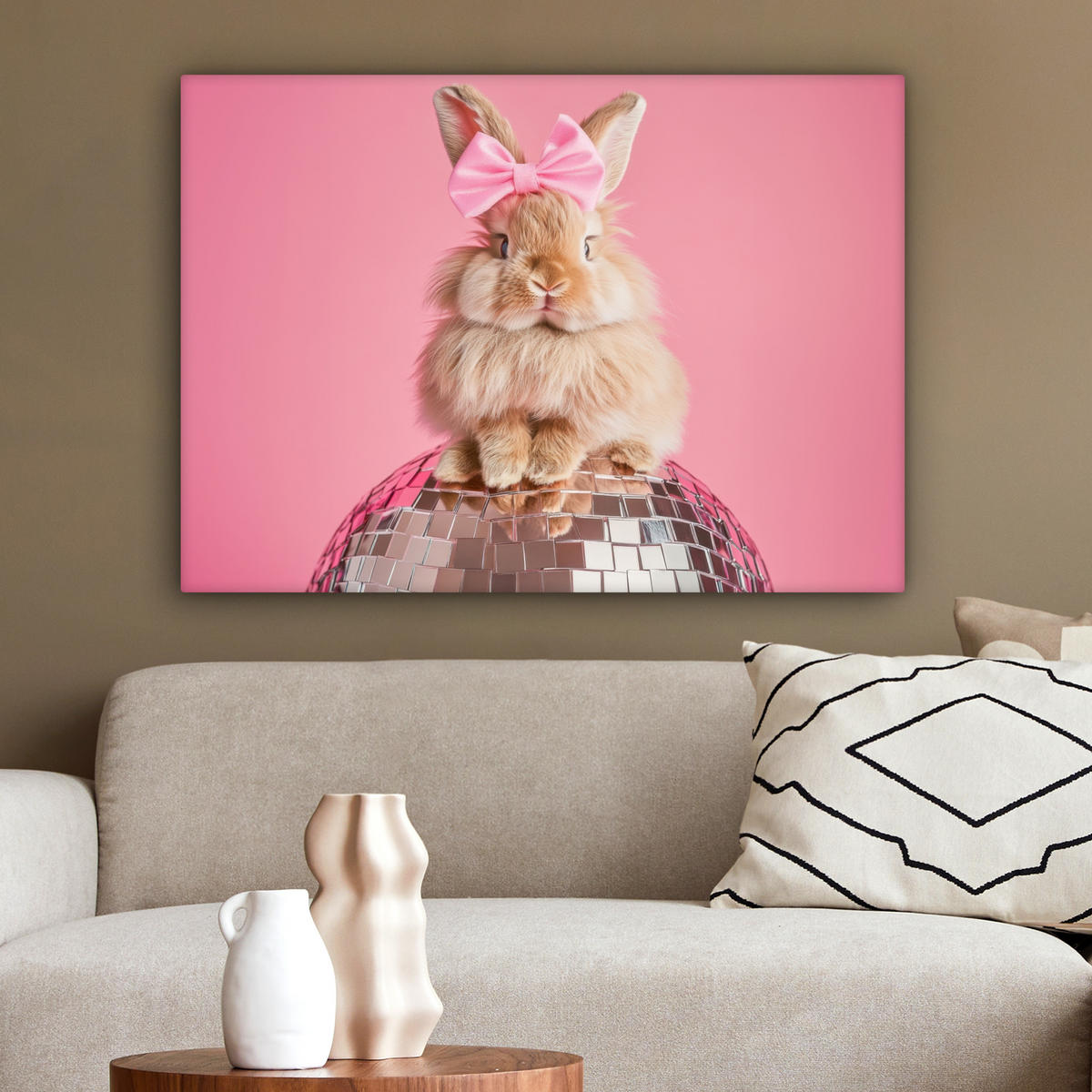 LEINWANDBILD Schleife - Discoball - Kaninchen Wandbilder 80x60 cm - Pink, Textil (80/60cm) - MuchoWow