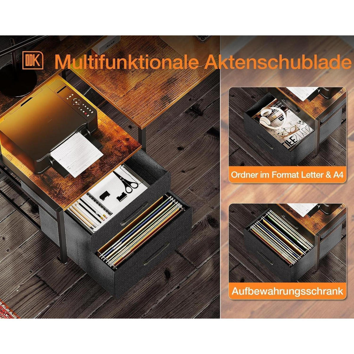 ECKSCHREIBTISCH L Form mit LED und Steckdosenleiste Vintage-Braun 189.3 x 100 cm - Braun, Holzwerkstoff (100/189.3/88.7cm)