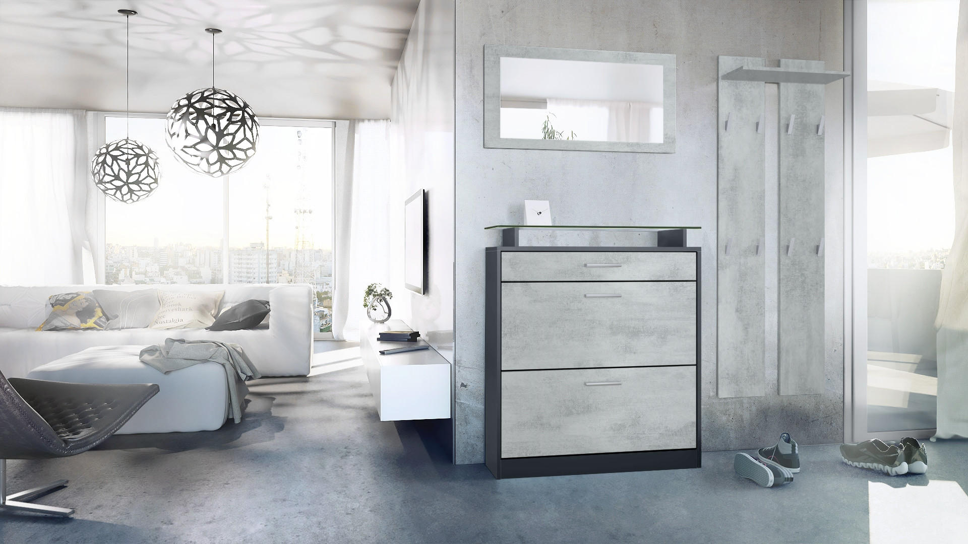GARDEROBE Loret Front in Beton Oxid Optik - Hellgrau, Holzwerkstoff (180/200/23cm) - Vladon