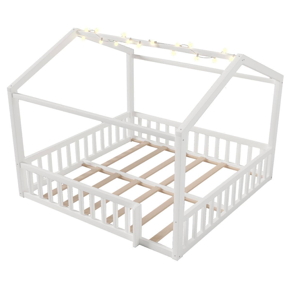 HAUSBETT aus Kiefernholz 90x190/180x190 cm Weiß mit Schutzgitter, LED-Licht und teilbarem Dual-Design - Weiß, Holzwerkstoff (90/190cm) - Modfu