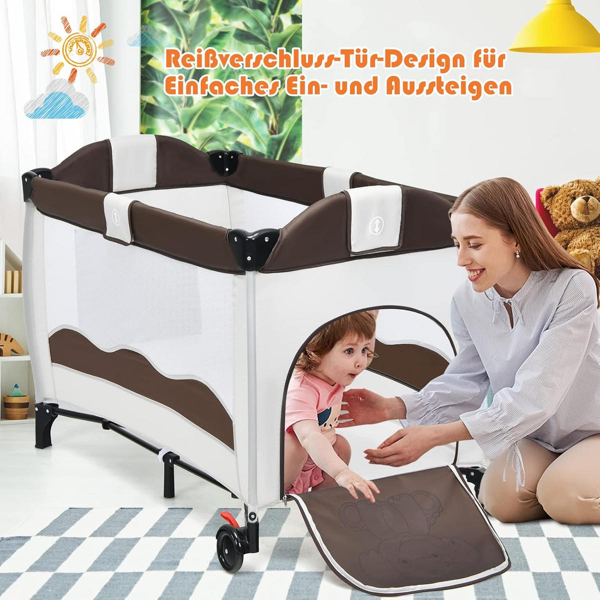 BABYBETT 3 in 1 klappbares Reisebett Wickeltisch Braun - Braun, Metall - COSTWAY