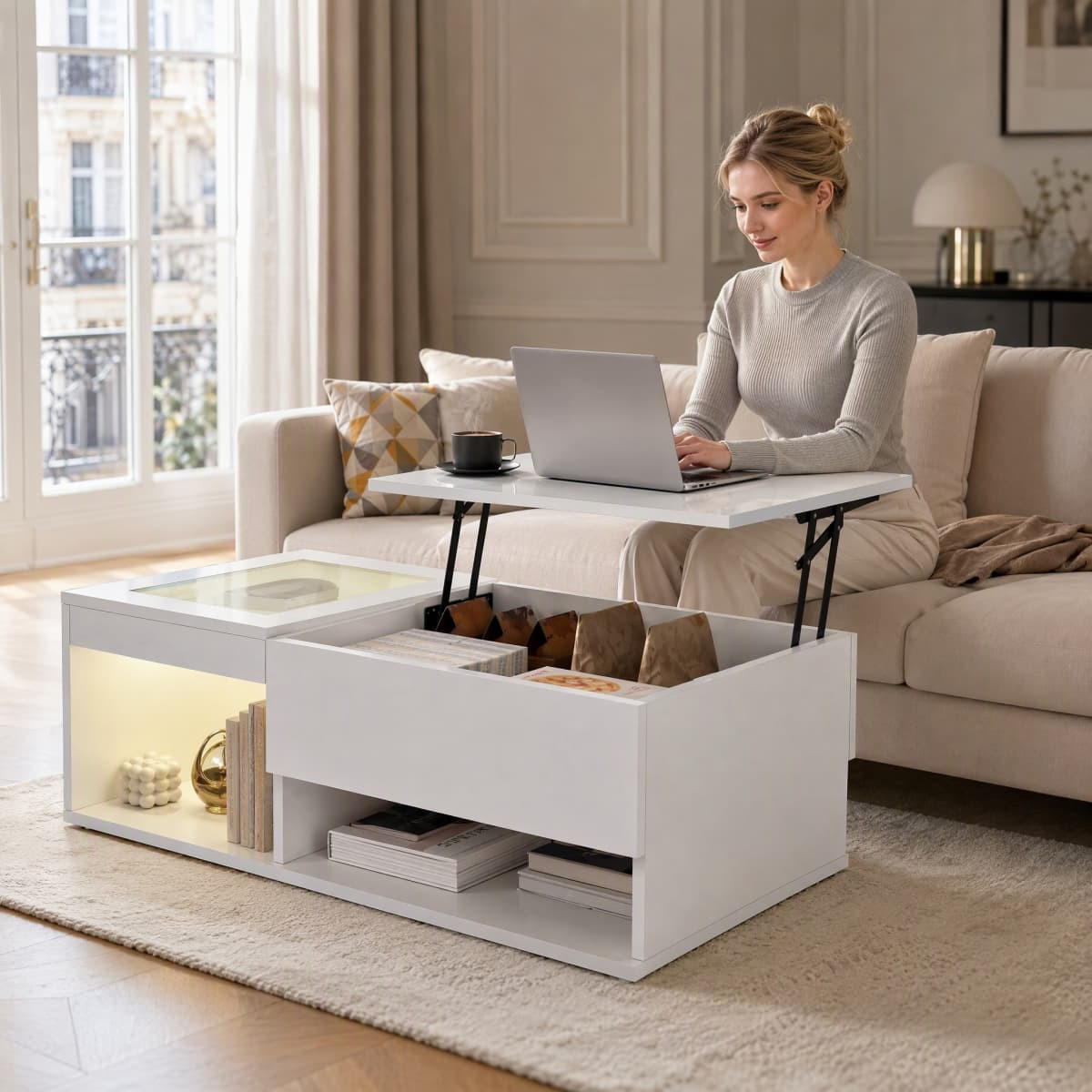 HÖHENVERSTELLBARER COUCHTISCH WEISS MIT LED Hochglanz & Glas, 100x55x35cm - Weiß, Holz (100/55/35cm) - CASIVA