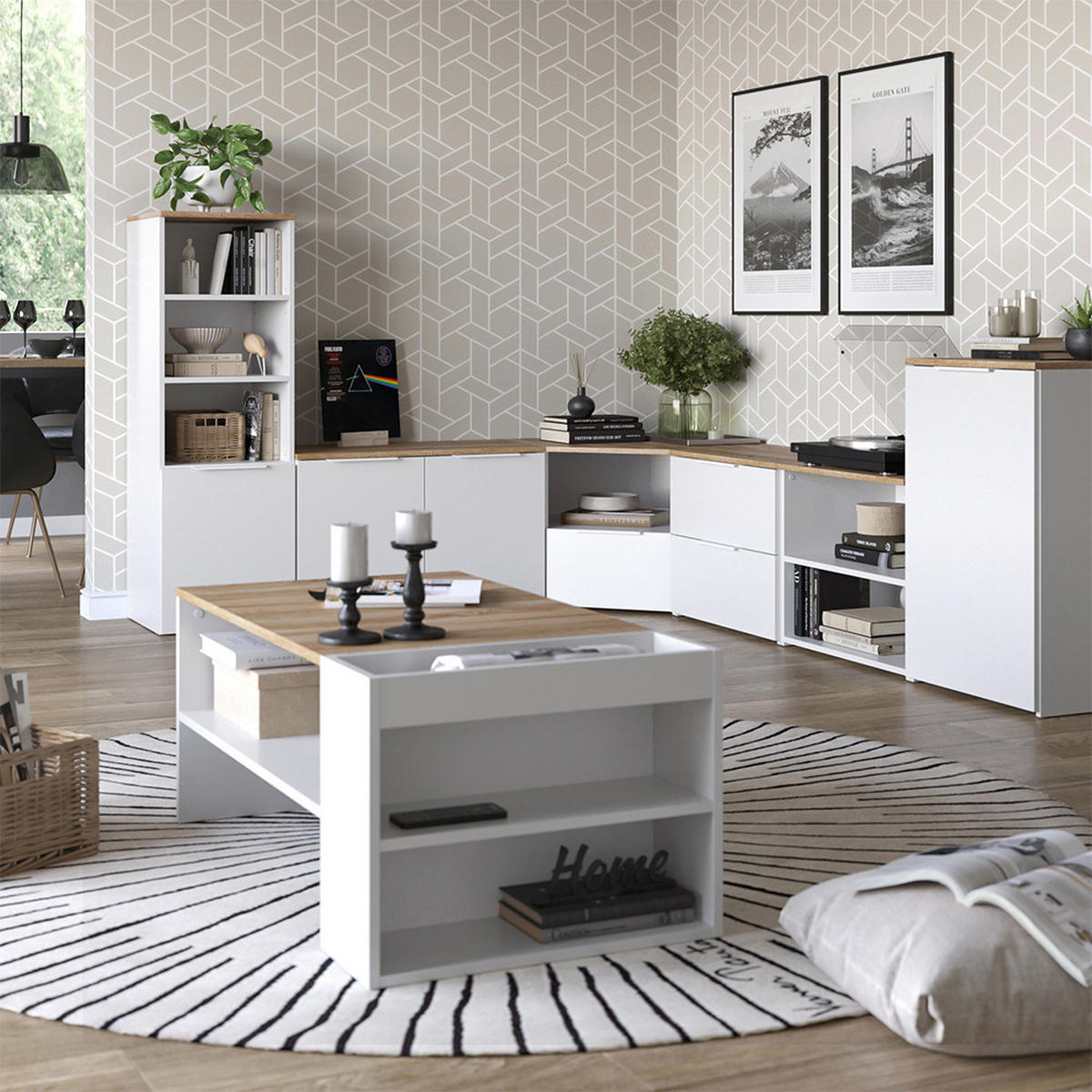 WOHNWAND Wido Weiß/Sonoma 3 Teile - Weiß/Sonoma Eiche, Holzwerkstoff (68/50/38.2cm) - Vicco