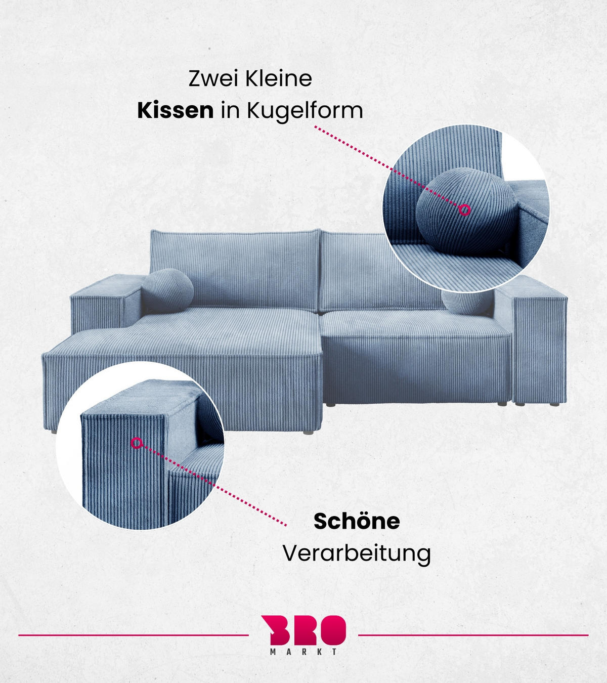 ECKSOFA Pablo Mini mit Schlaffunktion Himmelblau Cord - Blau, Textil (255/148cm) - Bromarkt