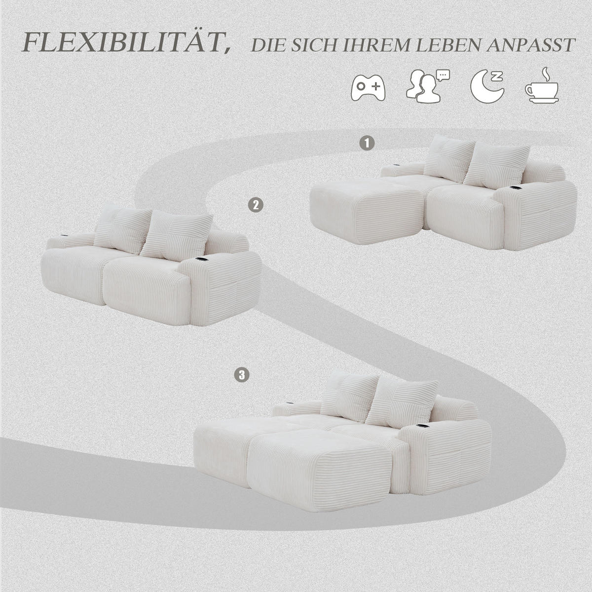 MODULARES 2-Sitzer Sofa Cordstoff mit Getränkehalter und Seitentasche 200/174/80 cm Beige - Beige, Textil (174/80/200cm) - Redom