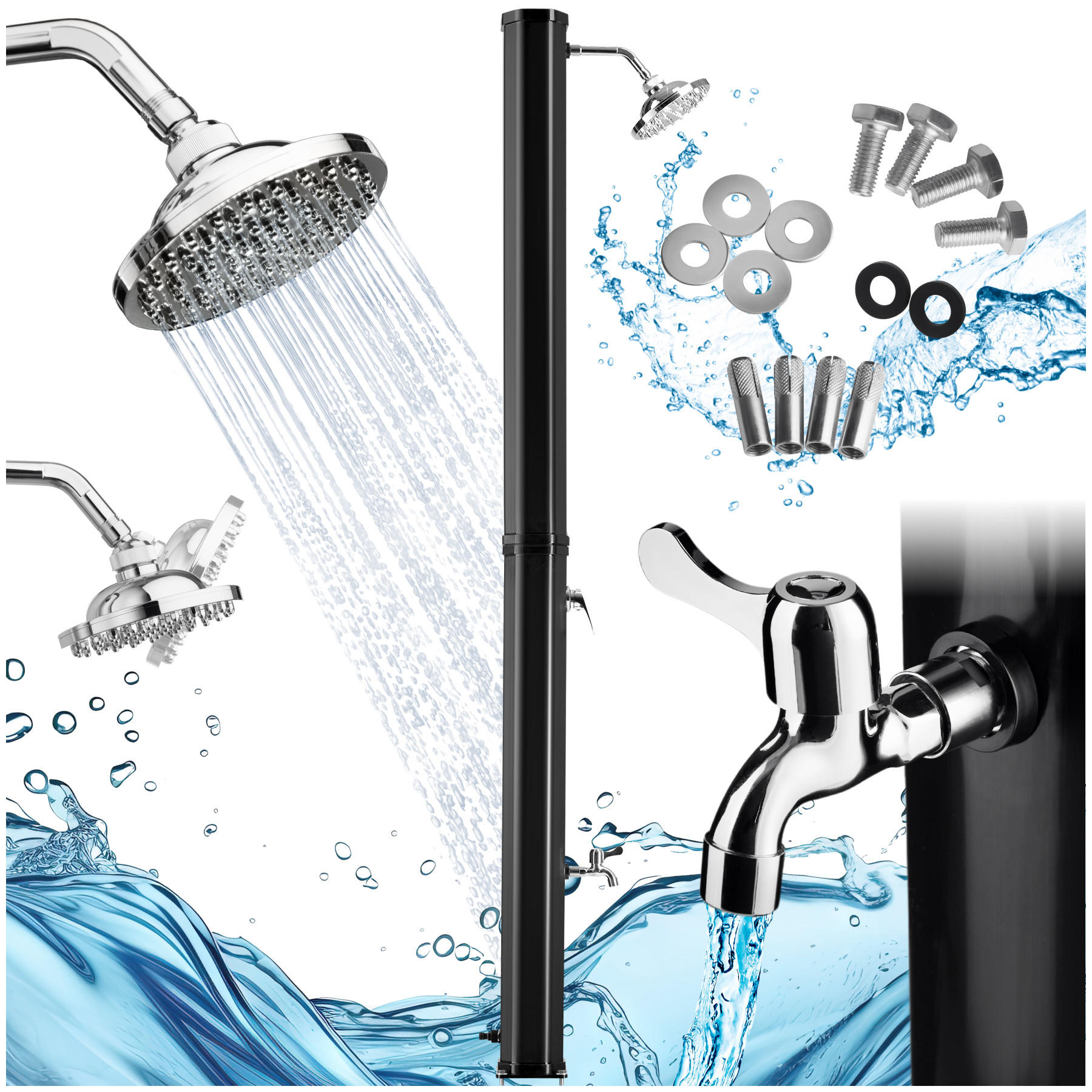 SOLARDUSCHE Ofanto,inklusive Wasserhahn,schwarz - Schwarz, Kunststoff (18/217/44.5cm) - tectake