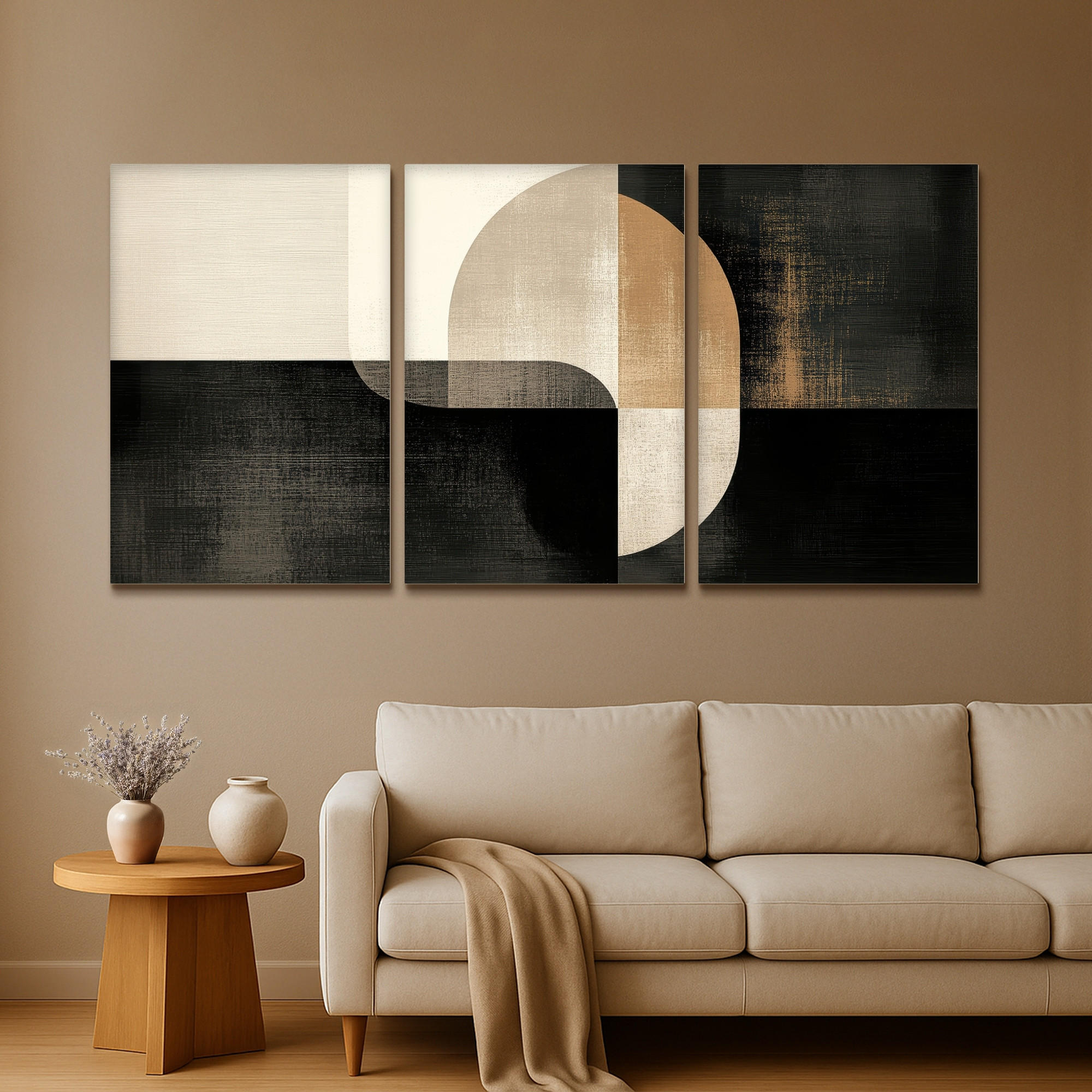 LEINWANDBILD 3er Set Formen - Abstrakt - Gold 240x120 cm - Schwarz, Textil (240/120cm) - MuchoWow