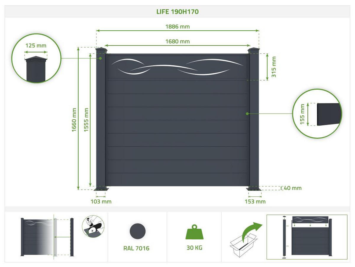 SICHTSCHUTZZAUN 5er-Set Life grau 1,9m H.170cm aluminium - Grau, Metall (945/166cm) - Casanoov