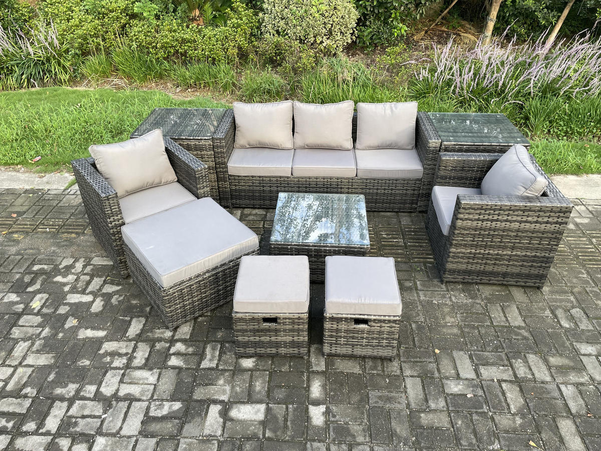 GARTENSET mit Beistelltisch Polyrattan 8-Sitzer - Dunkelgrau, Metall - Fimous