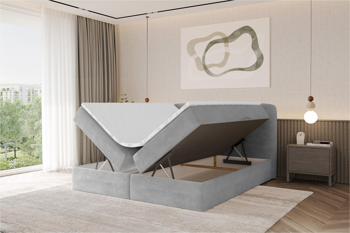 BOXBETT mit Matratze H4 - NINA - 160x200 cm - Hellgrau - Hellgrau, Holzwerkstoff (160/200cm) - ALTDECOR