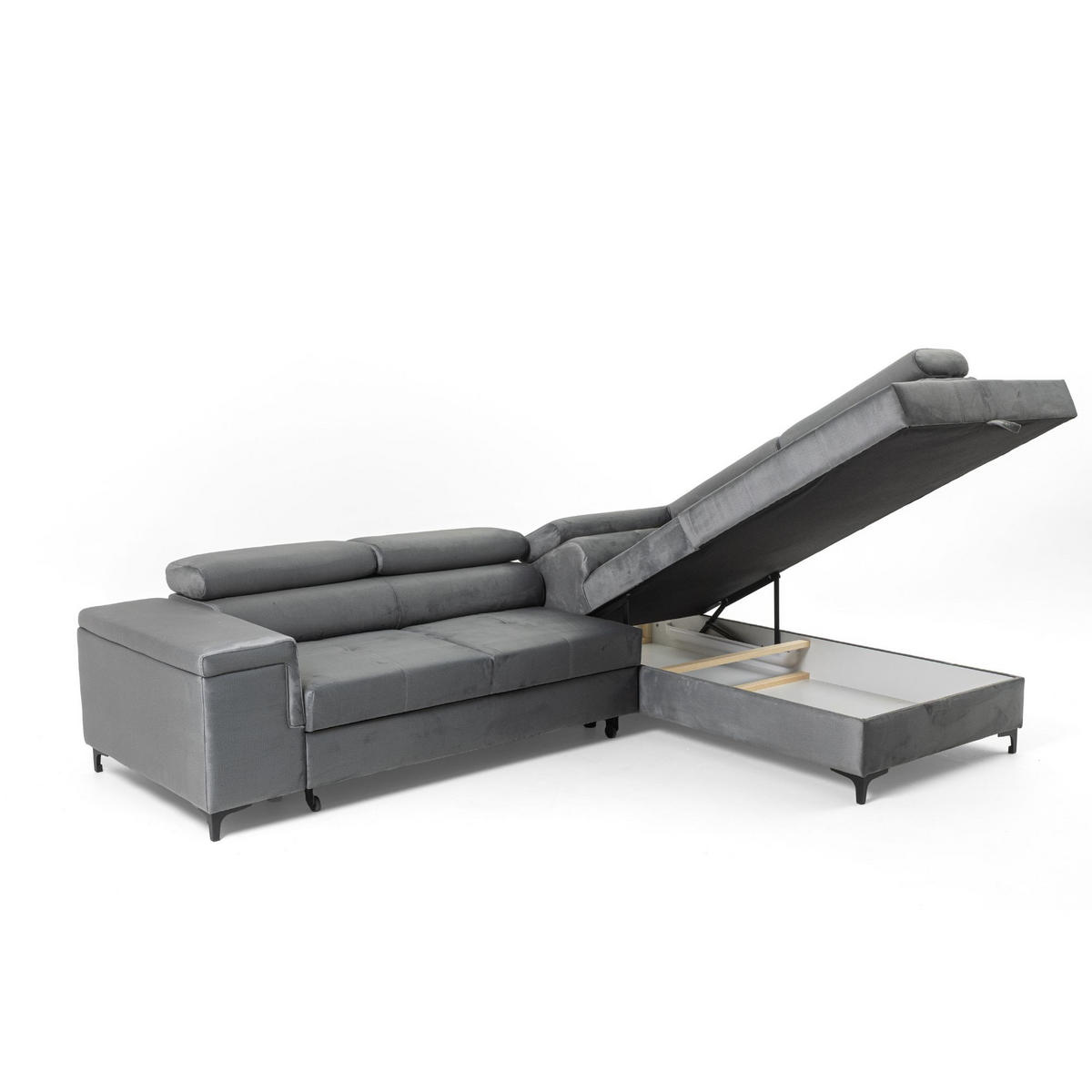 ECKSOFA WILLIAM L Rechts mit Schlaffunktion 127x195 Velours Grau - Silberfarben/Grau, Holz/Textil (203/275cm) - Muffo