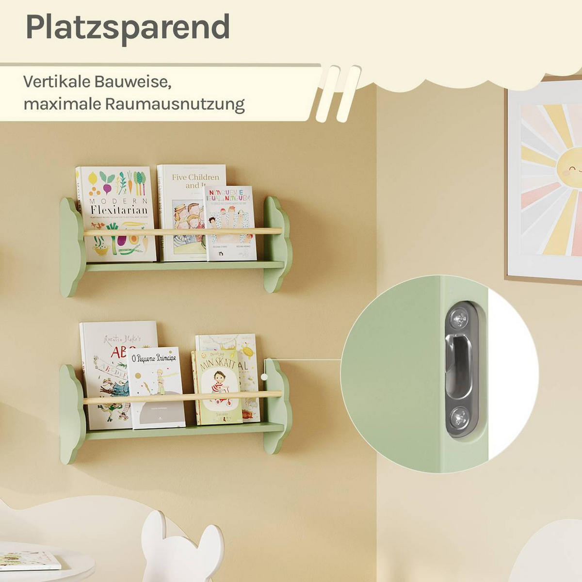 KINDER-WANDREGAL 3er Set, Kiefernholz, 55 x 12,7 x 23cm, Grün - Grün, Holz/Holzwerkstoff (55/23/12.7cm) - Woltu