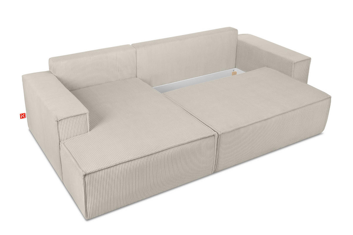 ECKSCHLAFSOFA-LINKS NAPI in Pet Friendly Cord-Stoff, cremefarben - Creme/Schwarz, Textil (262/148cm) - KONSIMO®