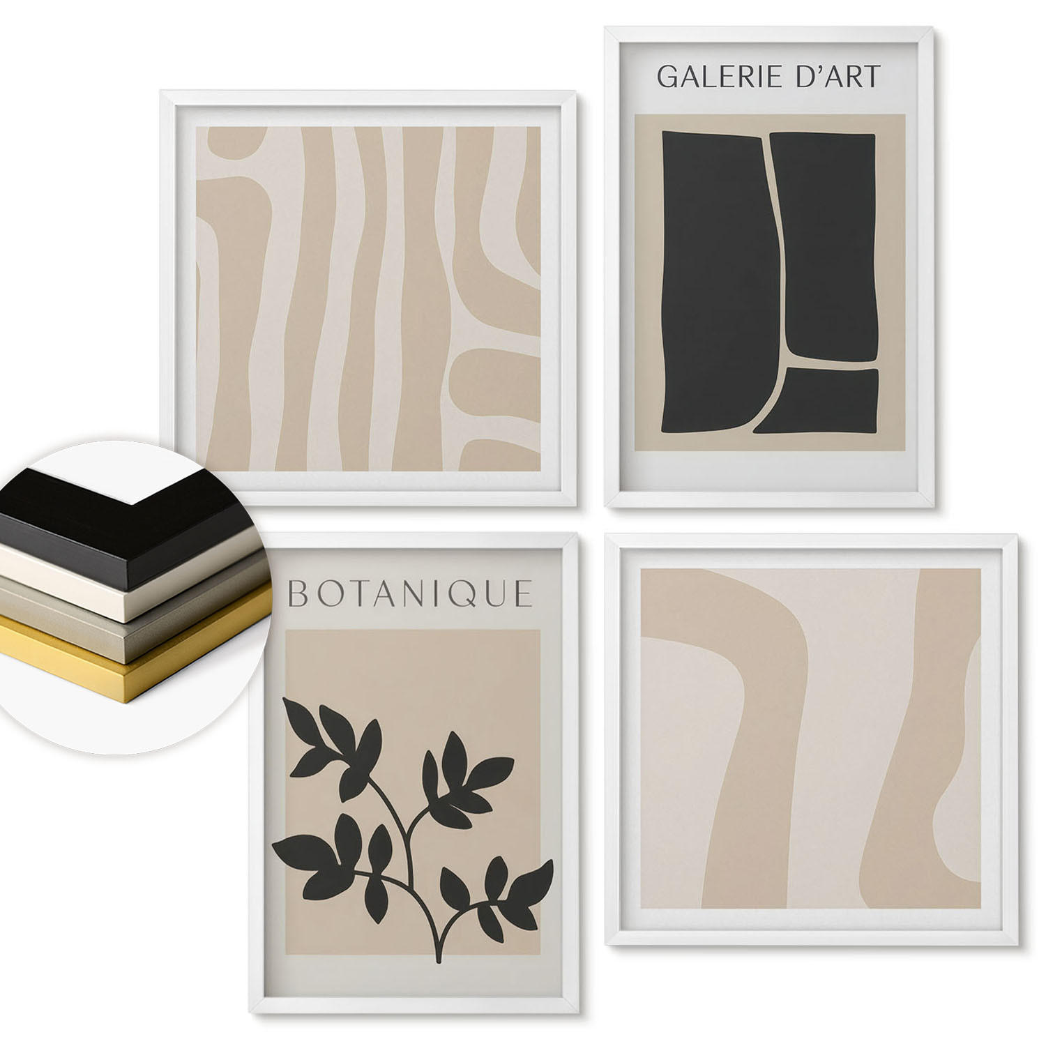 WANDBILDER 4er-Set - 50x50 cm & 40x60 cm Weißer Rahmen - Abstrakte Pflanzenmotive - Weiß, Kunststoff (50/50cm) - ArtPrintCave