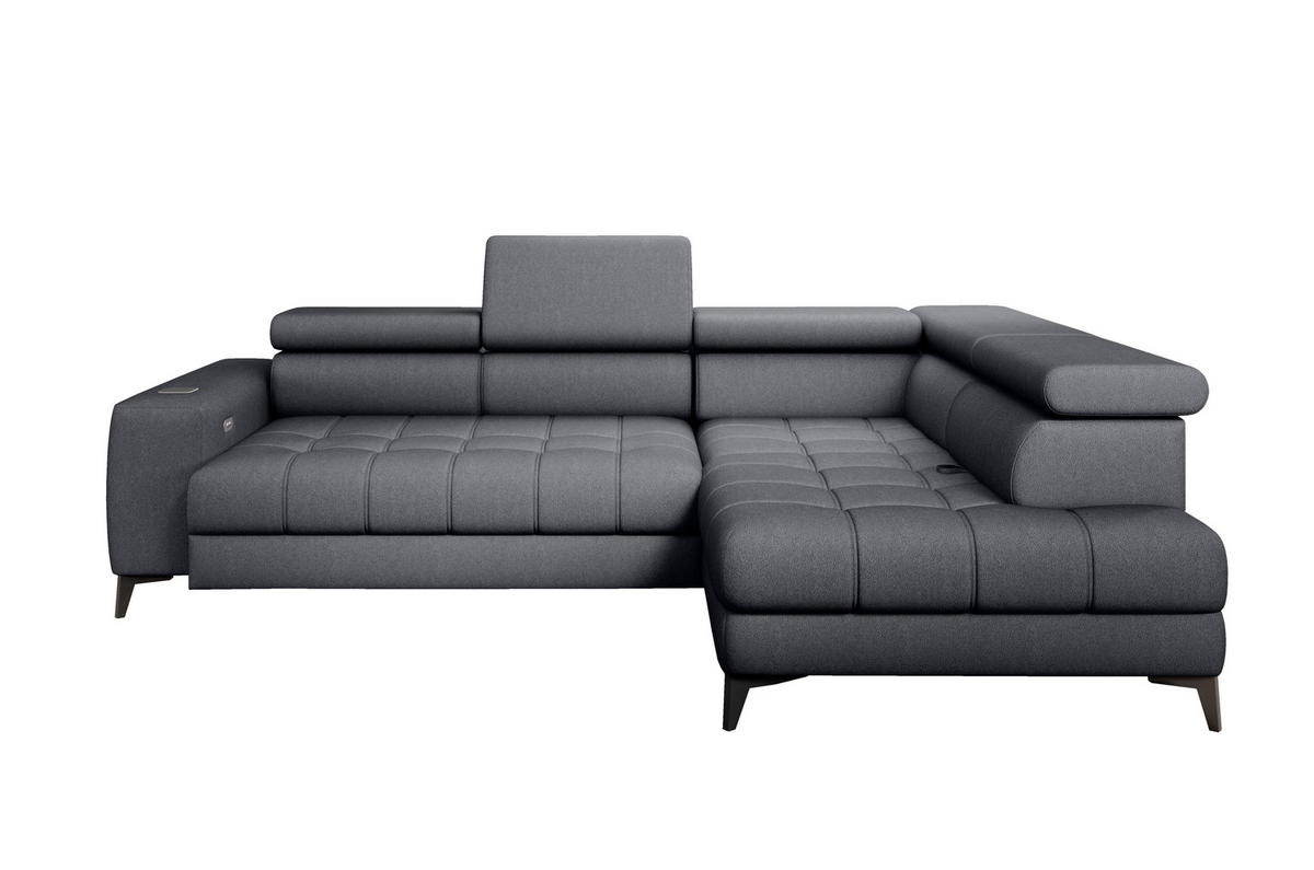 ECKSOFA BAGGIO Letto Stoff, Schlaffunktion, Bettkasten, Sitztiefe, Kopfstützen 280x196cm – Rechts – Dunkelgrau - Dunkelgrau, Holz/Textil (280/196cm) - DomoHome