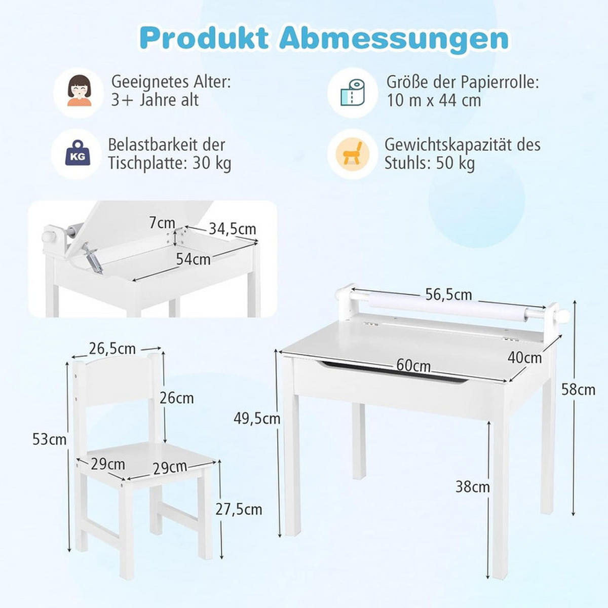 KINDERSCHREIBTISCH mit Stuhl weiß(2-tlg) - Weiß, Holzwerkstoff (66/58/40cm) - COSTWAY