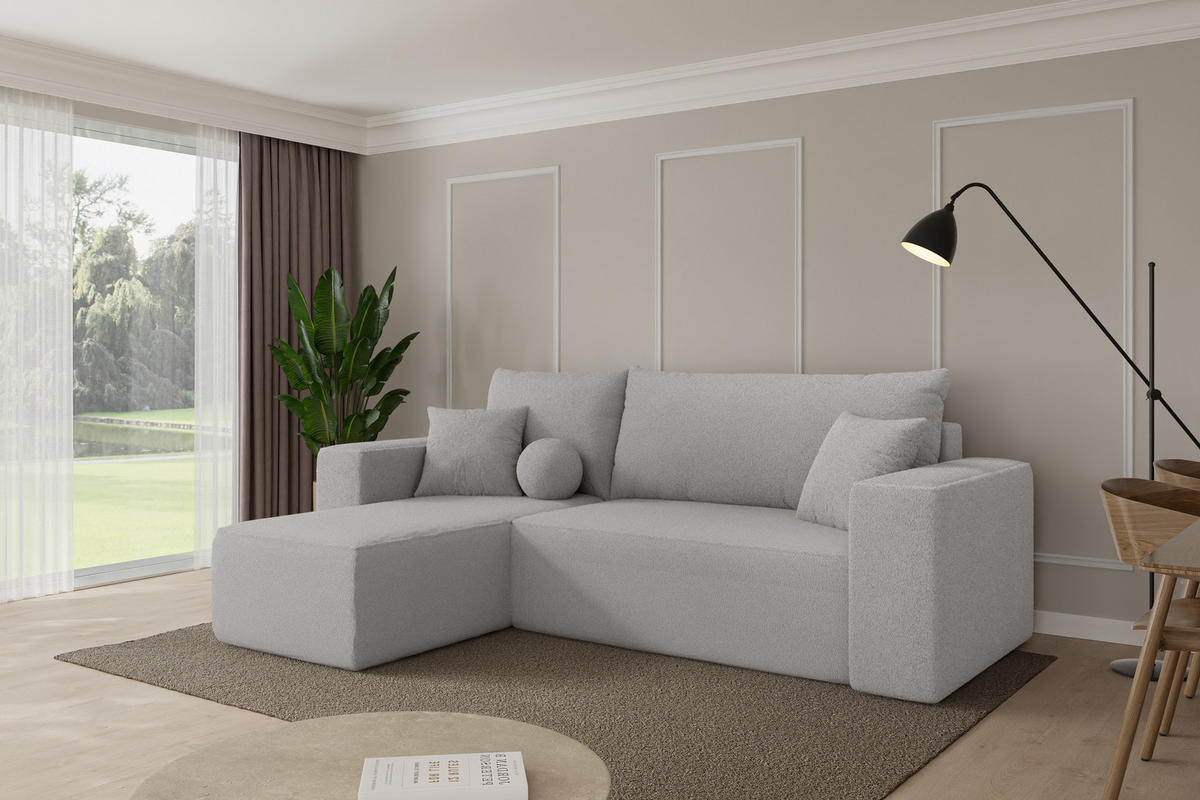ROHOVÁ SEDAČKA s funkcí spaní, otoman vlevo SENO-L 249x139x85 světle šedá bouclé - černá/stříbrná, kompozitní dřevo/textil (249/139cm) - ALTDECOR