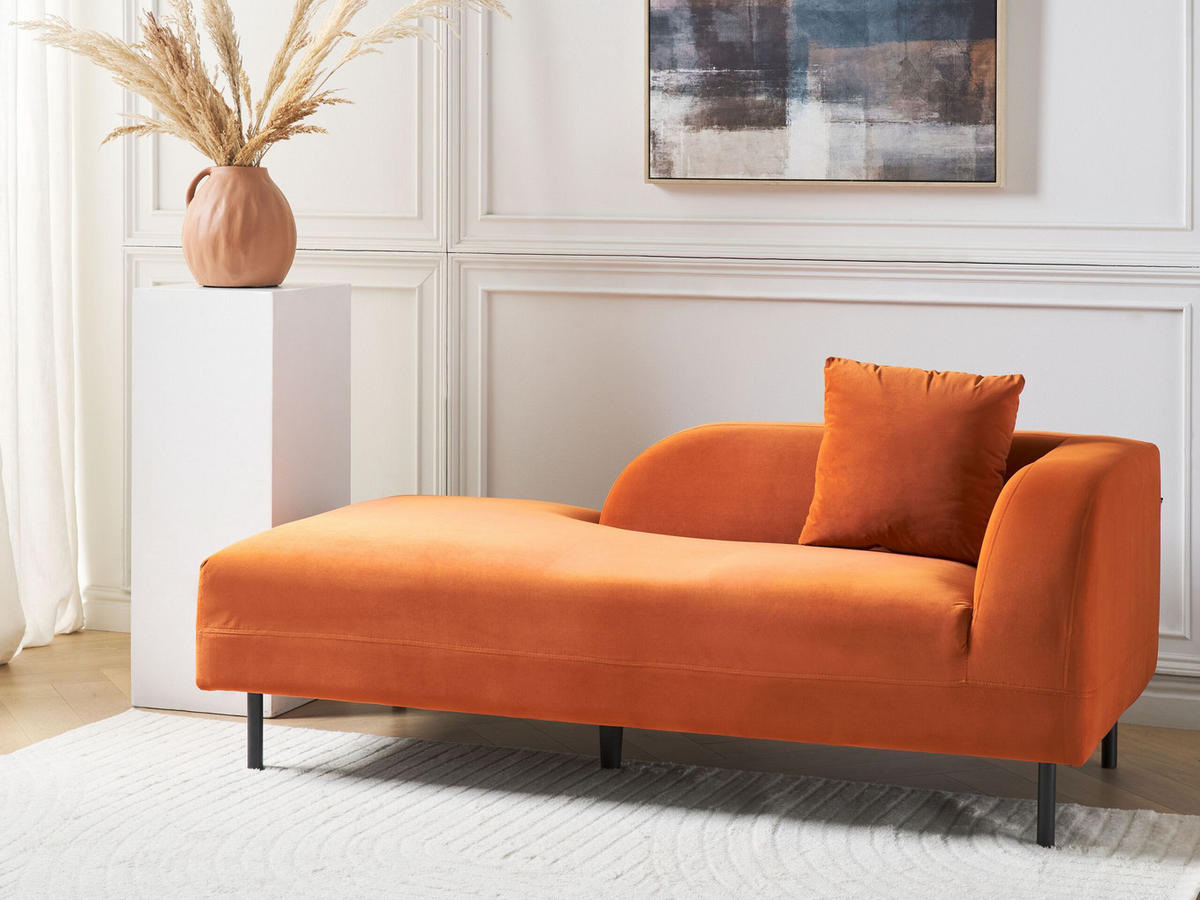 CHAISELONGUE Samtstoff orange rechtsseitig Le Crau - Schwarz/Orange, Textil (170/65/84cm) - Beliani