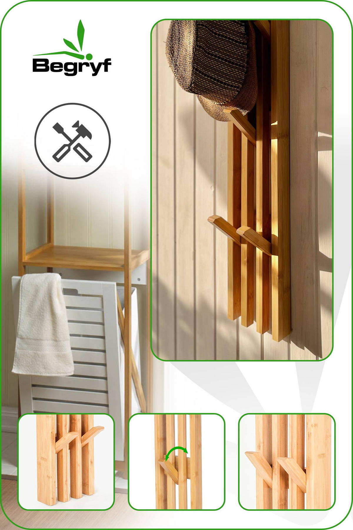 WANDGARDEROBE Bambus Naturfarben 6 Haken 60x14x3,5 cm - Naturfarben, Holz (14/60/3.5cm) - Begryf