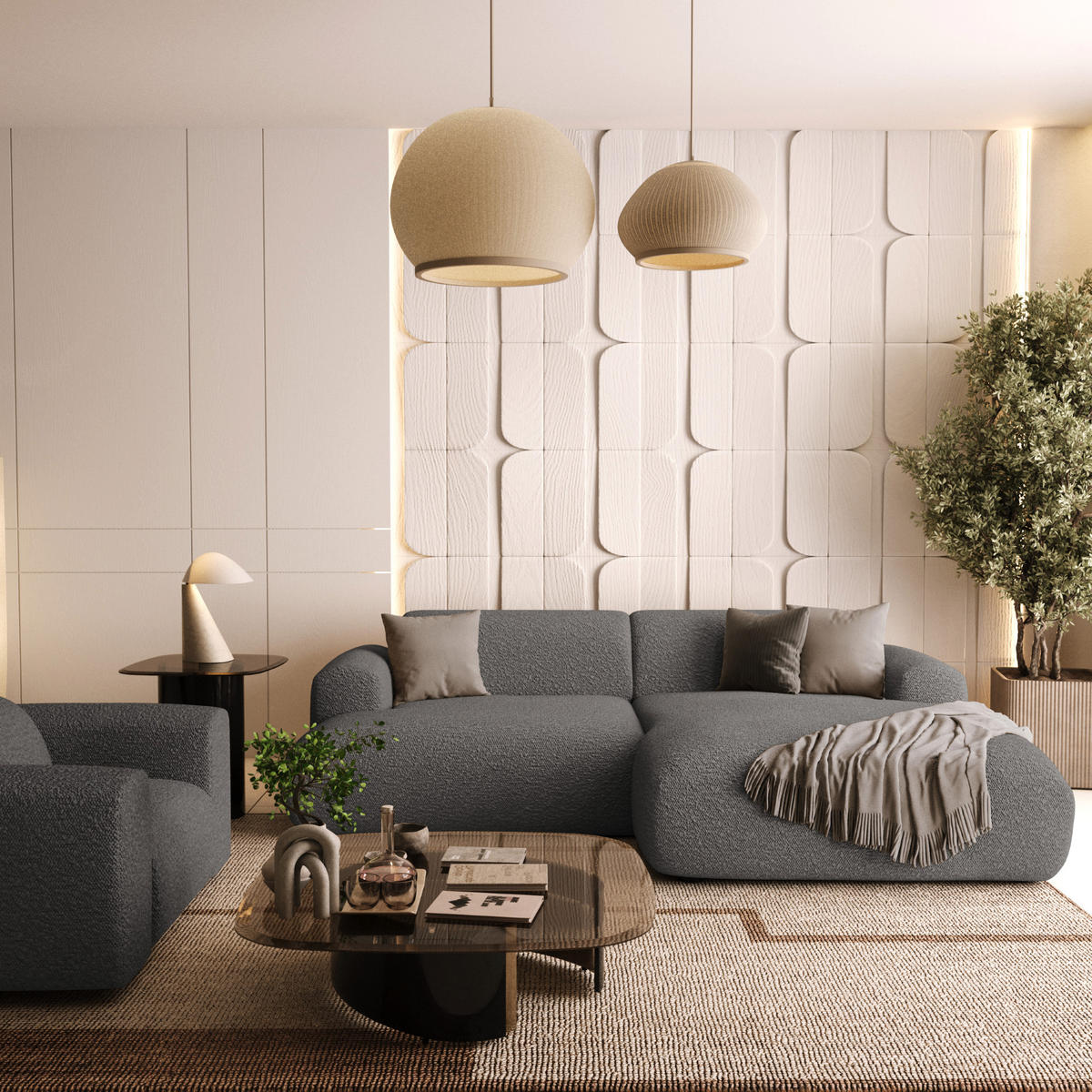 ECKSOFA RECHTS Bouclé-Stoff Graphitgrau 266cm - Graphitfarben/Grau, Textil (266/165cm) - Sia Home