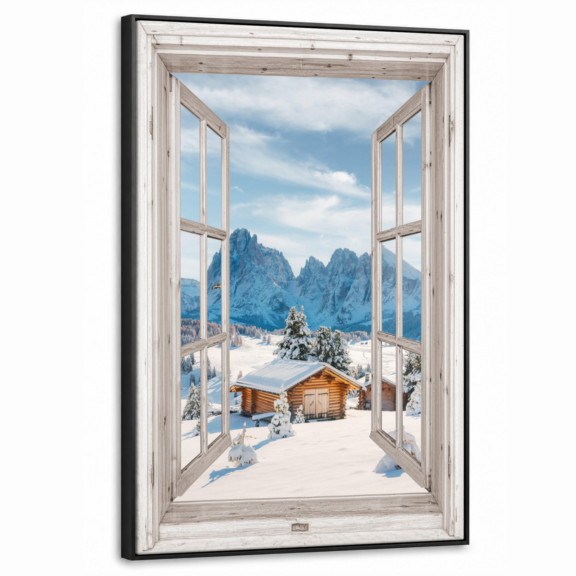 LEINWAND Bilder mit Rahmen - Winterlandschaft - Hütte - Berge - Ausblicke - Aussicht - Natur - 60x90 - Weiß Hochglanz, Textil (60/90cm) - MuchoWow