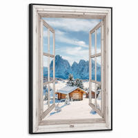LEINWAND Bilder mit Rahmen - Winterlandschaft - Hütte - Berge - Ausblicke - Aussicht - Natur - 60x90 - Weiß Hochglanz, Textil (60/90cm) - MuchoWow