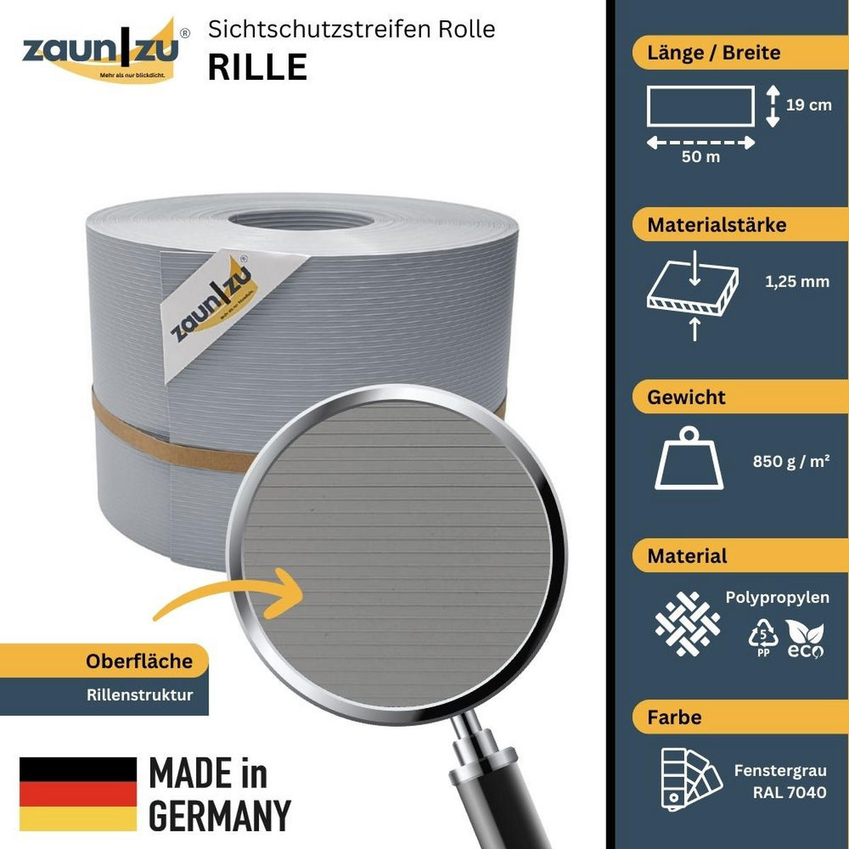 SICHTSCHUTZSTREIFEN Rille PP für Doppelstabmatte Zaunblende Fenstergrau 50m - Hellgrau, Kunststoff (5000/19cm) - ZAUN|ZU