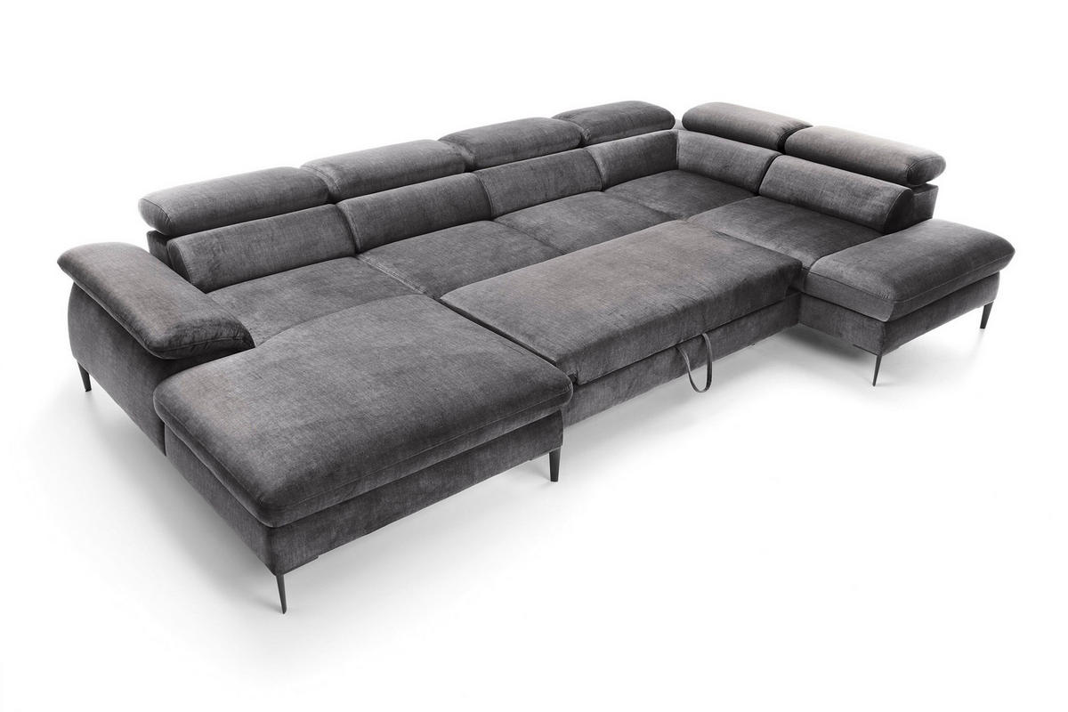 WOHNLANDSCHAFT MESTO Grau Velours-Stoff mit Schlaffunktion - Grau, Holz (353/94/182cm) - MASSENO